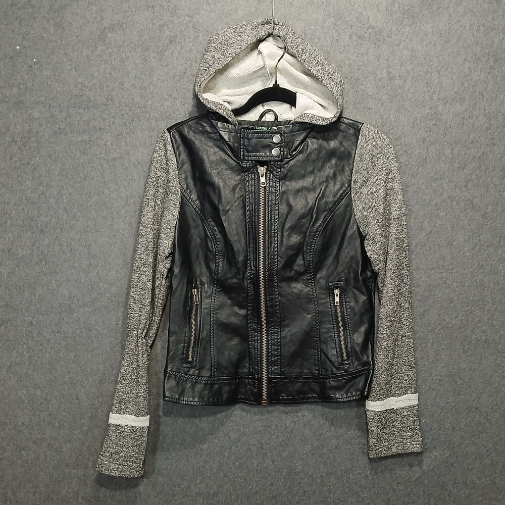Harmony + Havoc M Bomber Hoodie Faux Leather Grunge Moto Biker Y2K knit sleeves